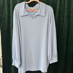 Light Blue Textured Collared Long Sleeve Top